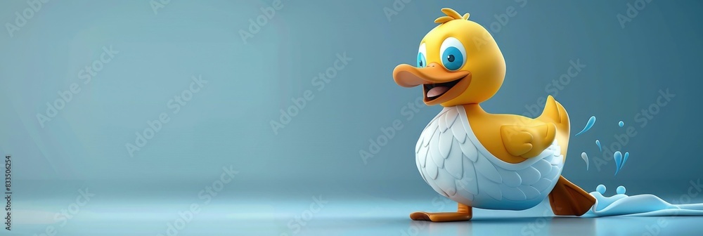 Poster Adorable of a Cheerful Cartoon Duck Character Waddling Along and Quacking in a Playful Whimsical Style with a Minimal Flat Design