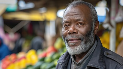 Fototapeta premium A Black man stands in front of a fruit stand