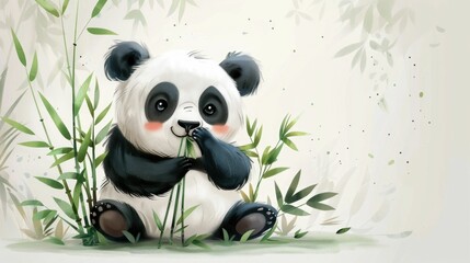 Naklejka premium Cute and Cozy of a Snuggly Panda Graphic Happily Munching on Lush Green Bamboo with a Content and Peaceful Expression