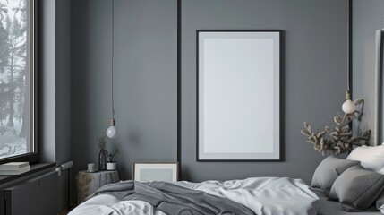 Mockup frame on a grey wardrobe with glossy sliding doors in a minimalist bedroom (close up, modern decor, realistic, Fusion, contemporary bedroom backdrop)