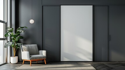 Stylish mockup frame displayed in a grey hotel bedroom featuring a bed and wardrobe with clothes (focus on, modern decor, vibrant, Double exposure, urban hotel room backdrop)