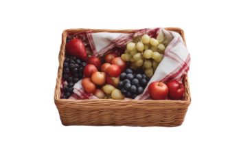 A picnic basket with a red and white checkered blanket ready for a summer picnic isolated on transparent background