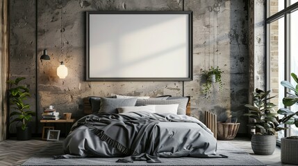 Stylish mockup frame displayed in a loft bedroom with a concrete wall backdrop (focus on, urban design, vibrant, Double exposure, contemporary living space backdrop)