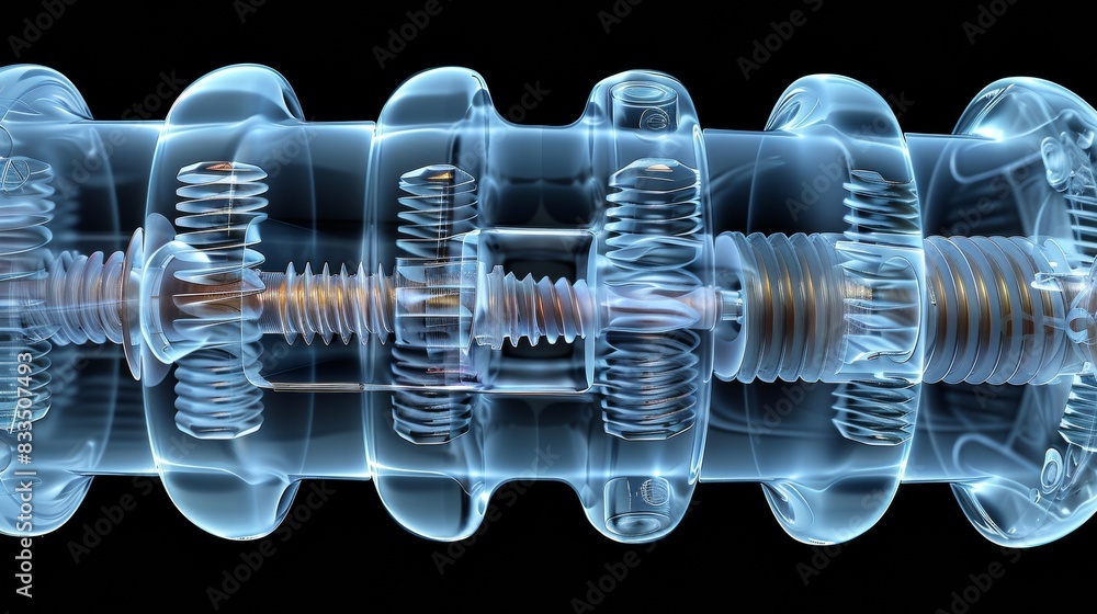 Poster x-ray scan of a container of screws, revealing the sizes and threading.