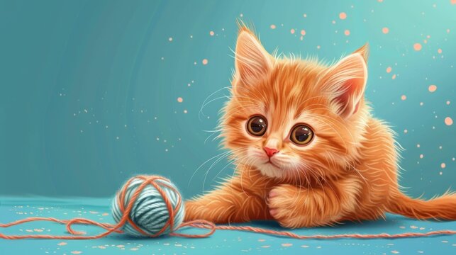 Charming of a cute fluffy ginger kitten playfully interacting with a ball of yarn The kitten s innocent mischievous expression and lively pose capture the playful energetic nature of young felines