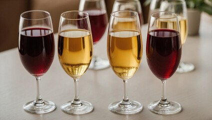 Naklejka premium An assortment of red and white wine glasses filled with wine, arranged on a light-colored table. The glasses reflect the ambient light beautifully.