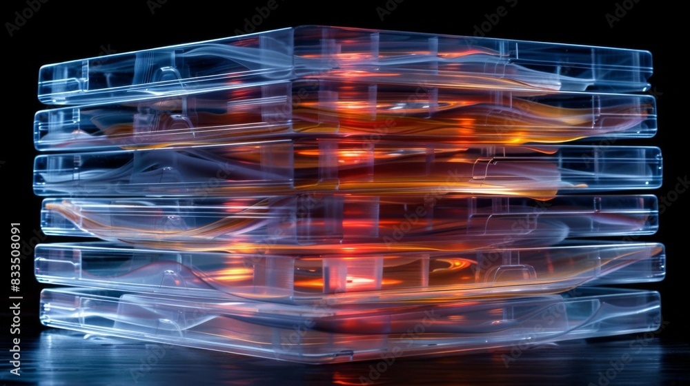 Poster x-ray scan of a stack of cds, revealing the layers and reflections.