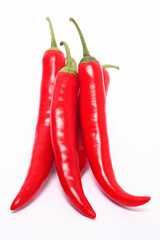 Three red chili peppers stacked together on a white background