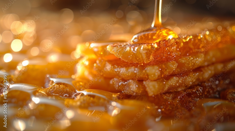 Poster zoom in on a stack of fluffy pancakes dripping with maple syrup, capturing the golden-brown edges an