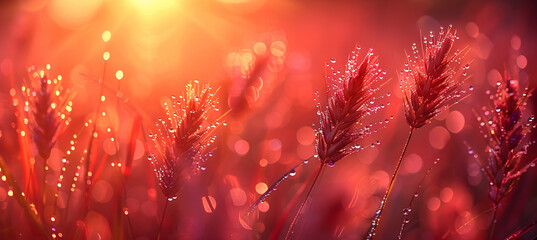 A close-up of nature hill grass with dew drops glistening in the morning light