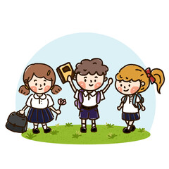 Happy cartoon children playing on the school lawn. back to school on transparent background.