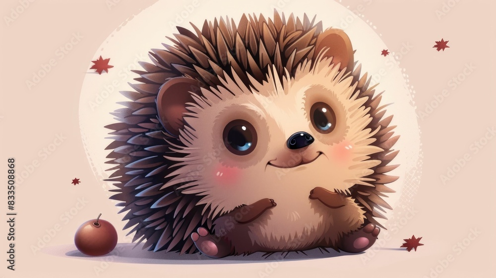 Poster charming of a sweet furry hedgehog character curled up into a friendly round ball shape with its pri