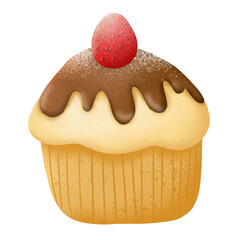 Cupcake chocolate with icing and strawberry on transparent background.PNG.