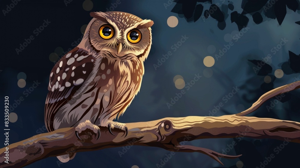 Poster captivating of a majestic owl perched gracefully on a tree branch in a tranquil nighttime forest set