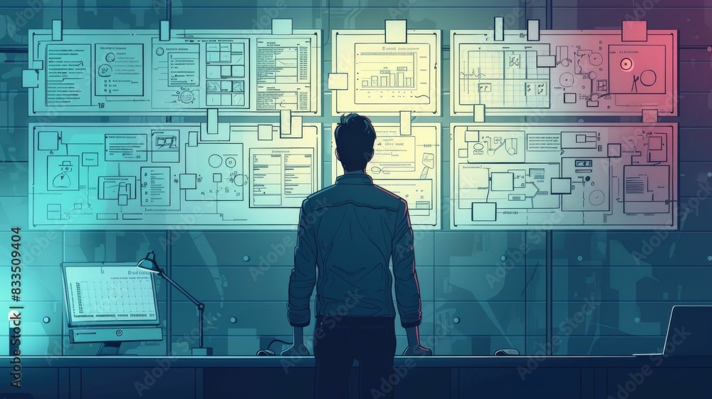 Poster futuristic digital interface with data visualizations project management diagrams and business strat