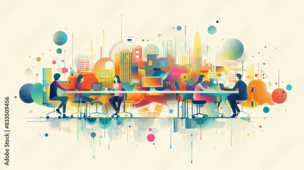 Poster of diverse group of professionals collaborating on a large project the image depicts a team of cowor