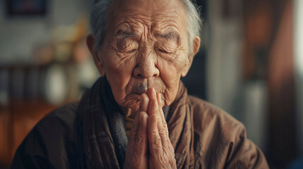 Close-up portrait of an elderly Asian man in prayer, with hands clasped and eyes closed.