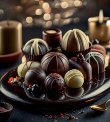 a tray of chocolates with a gold spoon on it