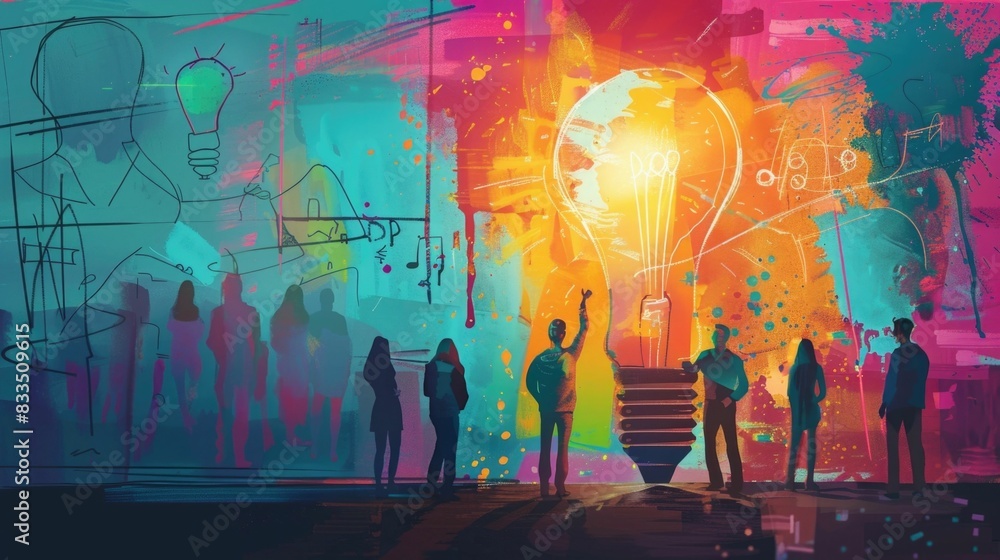 Poster vibrant and colorful depicting an innovative brainstorming session with a group of creative individu