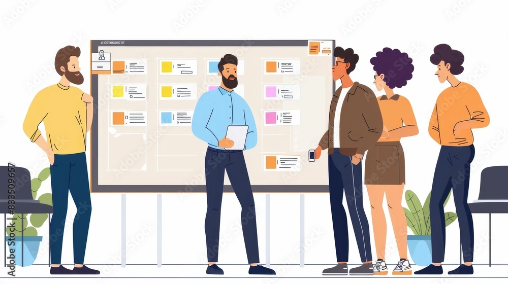 Poster of an agile team engaged in a scrum stand up meeting discussing project progress and tasks using a s