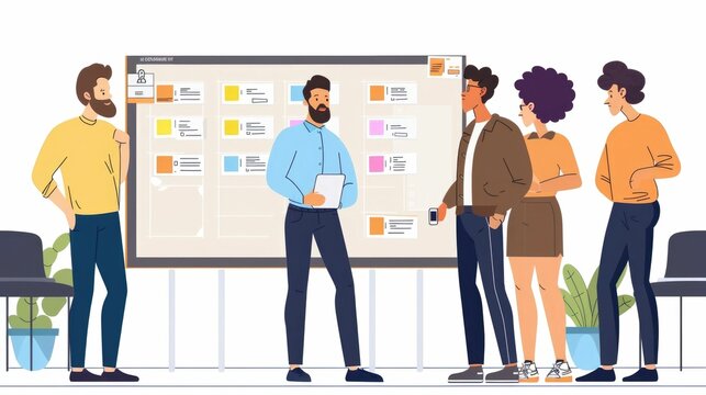 of an agile team engaged in a scrum stand up meeting discussing project progress and tasks using a scrum board in a modern office workspace environment with and technology elements