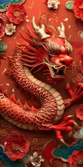 Obraz premium 3D rendering of a red dragon with golden horns and white flowers