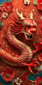 3D rendering of a red dragon with golden horns and white flowers