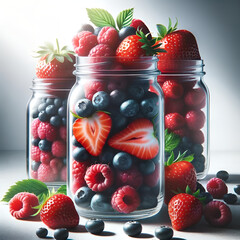 Vibrant berries beautifully arranged in jars