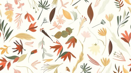 Fototapeta premium Herbarium petals flat design front view vintage theme cartoon drawing Analogous Color Scheme . Seamless Pattern, Fabric Pattern.