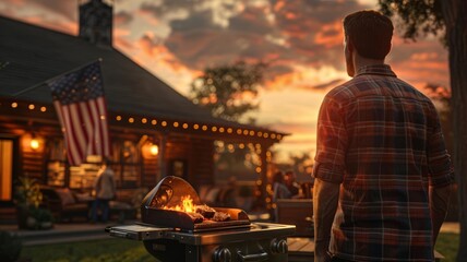 Naklejka premium Man grilling at sunset in front of a cozy cabin with American flag, celebrating summer evening with friends and family outdoors.