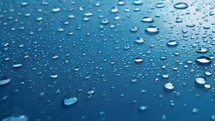 Blue background with natural water drops on glass, Generative AI