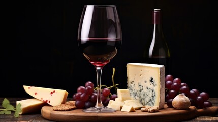 Refined still life with red wine, cheese and grapes on a wicker tray on a wooden table on a dark background.