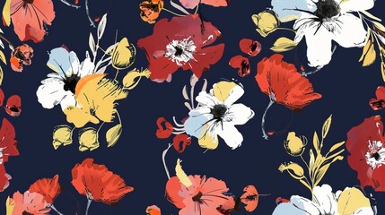 Bold florals flat design top view bold theme water color Triadic Color Scheme . Seamless Pattern, Fabric Pattern.