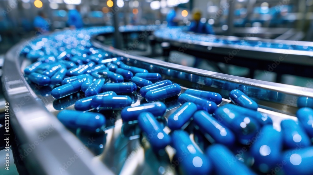 Wall mural A Capsules are Moving on Conveyor at Modern Pharmaceutical Factory.