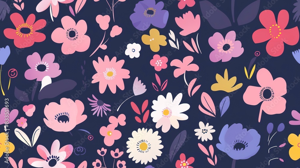 Poster structured blooms flat design front view modern theme animation vivid . seamless pattern, fabric pat