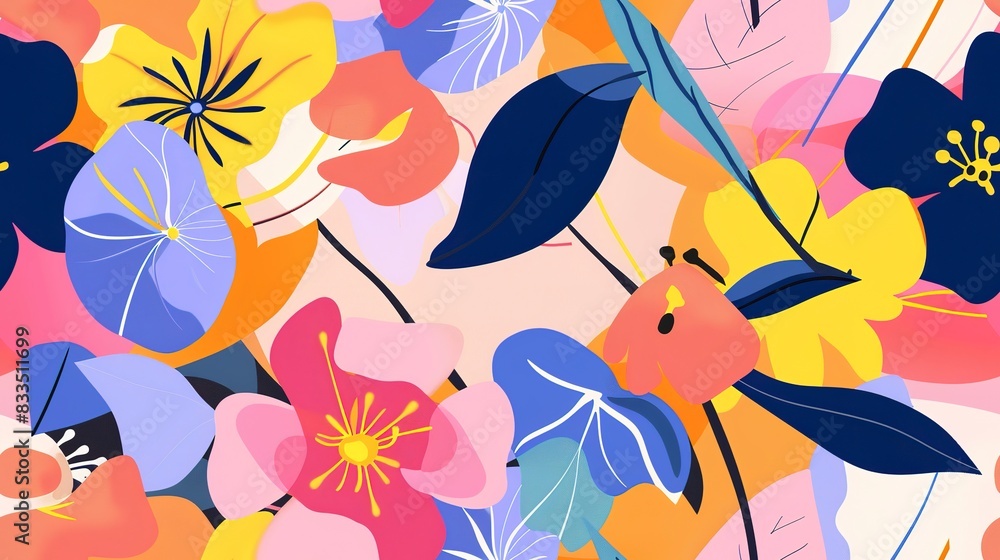 Poster structured blooms flat design front view modern theme animation vivid . seamless pattern, fabric pat