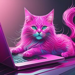 glamorous pink cat with bright blue eyes lies near the laptop on purple background