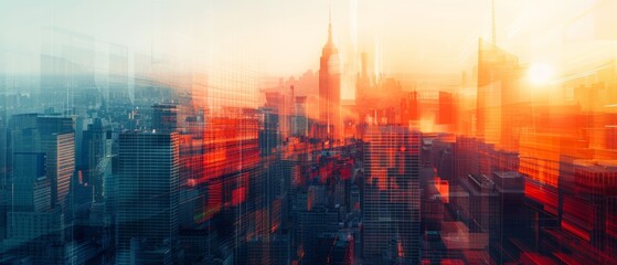 Fototapeta premium abstract cityscape, geometric forms, urban design, focus on, rich tones, Double exposure silhouette with modern architecture