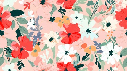 Flower wallpaper flat design top view photographic theme cartoon drawing colored pastel . Seamless Pattern, Fabric Pattern.