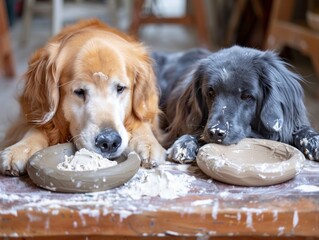 At a local pottery class a Golden retriever and blue Maine Coon try their paws at shaping clay