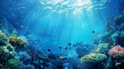 Fototapeta premium fantasy blue cyan deep ocean theme, coral, fish