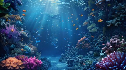 Fototapeta premium fantasy blue cyan deep ocean theme, coral, fish
