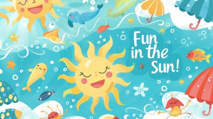 Summer time children's themed design illustration with paintings of the sun and beach atmosphere