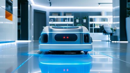 Robot cleansing hi-tech. Robotic vacuum cleaner on modern room in living room

