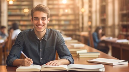 In the university library, a student sat at a long table reading a book and taking notes. She smiles for the camera, with a blur of library bookshelves and other students behind her.