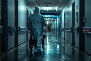 Obraz premium A man wearing a medical gown is walking down a hospital hallway