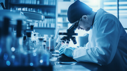 Fototapeta premium scientist working in a medical laboratory, using microscope for examining samples and liquid, Scientific and healthcare research banner background