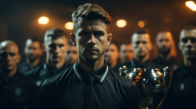 Stern looking man with a team in the background holding a trophy