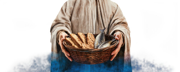 The Miracle of Jesus: Feeding 5,000 with 5 Loaves and 2 Fish - Isolated PNG Background