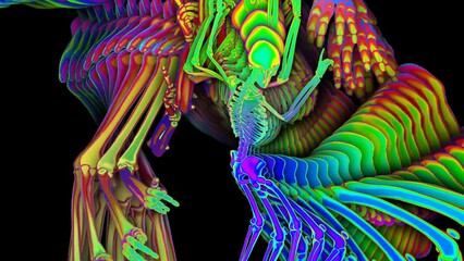 Seamless animation dancing skeleton rainbow style cartoon. Funny halloween background with marker stroke effect with an echo effect.